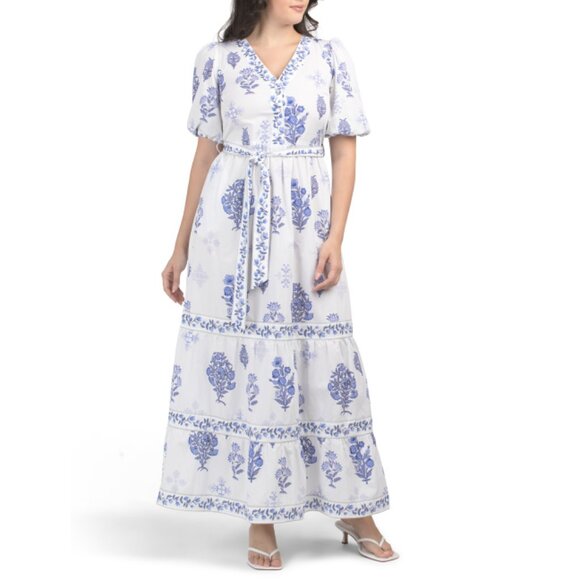 CELINA MOON Blue Short Sleeve Floral Block Print Maxi Dress